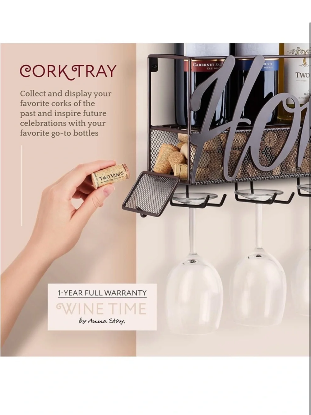 Home Metal Wine Rack with Hanging Glass Holders and Cork Tags - dark brown